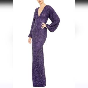 MAC DUGGAL $498 Sequined Puff Sleeve V Neck Gown In Purple